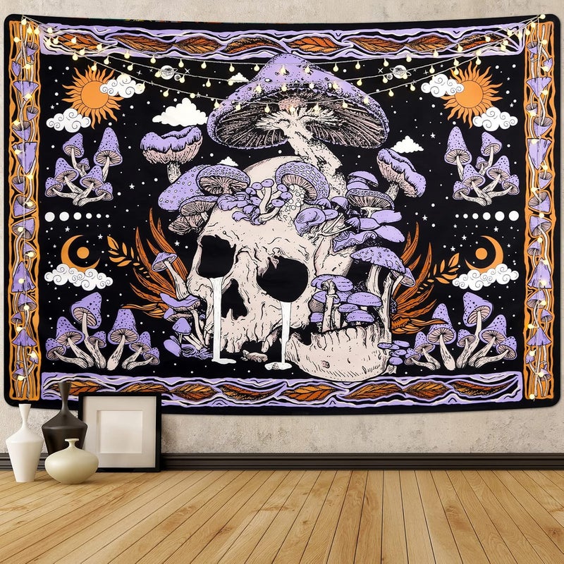 Uspring Mushroom Tapestries Skull Skeleton, Leaves, Large Purple Tapestry for Bedroom, Wall Hanging for Room (51.2 x 59.1 inches) - Image 1